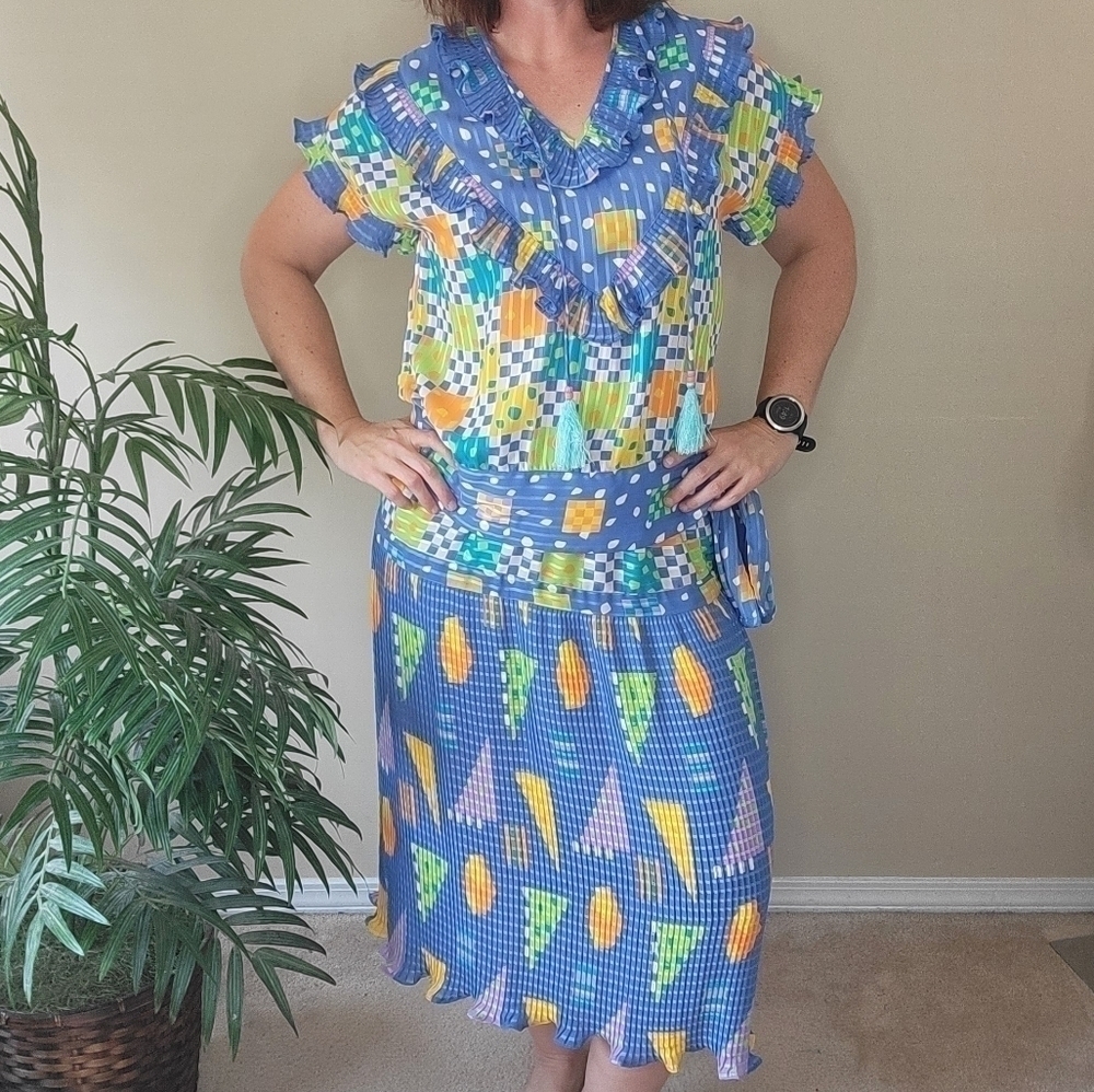 80s Vintage Mosaic | Colorful Geometric Colorful Ruffle Skirt Set